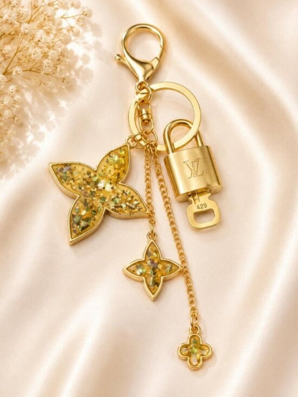 LV Gold Padlock 🔑 Authentic Louis Vuitton Charm + Unbranded Flower Keychain